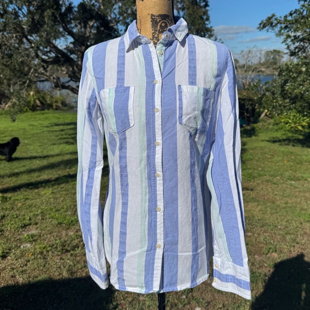 Merona Striped Pattern Button Down Shirt Size Small Blue Mint Green White